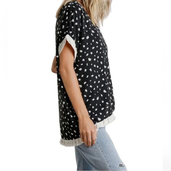 Umgee Women's Dalmatian Spot Fringe Trim Linen Blend Relaxed Fit Blouse Large - Picture 4 of 11